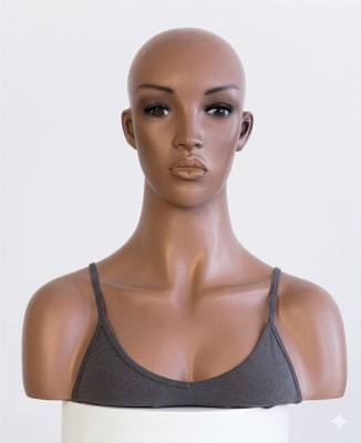 African American skin tone female fiberglass mannequin head with detailed makeup, false eyelashes, and painted eyes for wigs, hats, and jewelry displays.