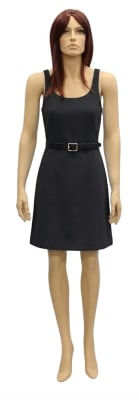5'10" female fiberglass mannequin with light skin tone, makeup details, blue eyes, eyelashes, and glass base for retail clothing display