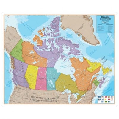 Wall Map of Canada - Laminated. This easy to read political laminated map of Canada measures 47 inches wide by 38 inches tall. This map has nice detail with nice detail, and comes in a sturdy box. Shows major cities and towns, lakes and rivers and major r