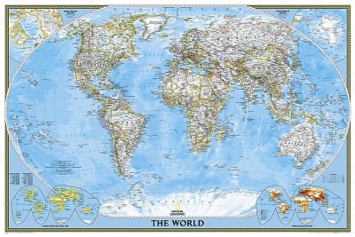 World Political Wall Map - National Geographic. Enjoy the accuracy and beauty of the latest world map from the cartographers at National Geographic. This map features the Winkel Tripel projection to reduce distortion of land masses as they near the poles.