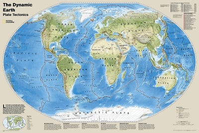 Plate Tectonics World Map - National Geographic. The Dynamic Earth wall map illustrates plate tectonics and features new bathymetry and naturally colored relief, as well as volcano and  earthquake data through 2011. Like pieces of a giant jigsaw puzzle, t