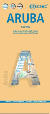 Borch Aruba travel map showing road networks, hotels, top sights, and climate conversion charts.