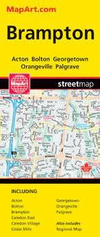 Brampton Ontario Travel & Road Map.  Includes the communities of Acton, Bolton, Brampton, Caledon East, Caledon Village, Cedar Mills, Georgetown, Orangeville, Palgrave. Also includes a regional map of the area. Folded maps have been the trusted standard f