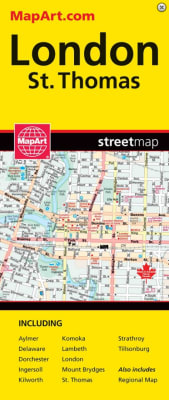 London & St. Thomas Ontario Travel Road map. Includes city maps of Aylmer, Delaware, Dorchester, Ingersoll, Kilworth, Komoka, Lambeth, London, Mount Brydges, St. Thomas, Strathroy, and Tillsonburg. Map Features include: Parks Golf courses Points of intere