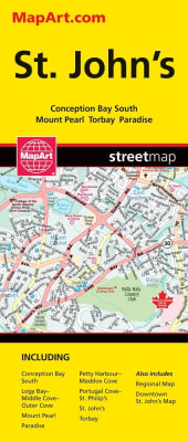 St. John's Newfoundland street map. This map is a must-have for anyone travelling in St. John's, Newfoundland. Includes communities of Conception Bay South, Logy Bay-Middle Cove-Outer Cove, Mount Pearl, Paradise, Petty Harbour-Maddox Cove, Portugal Cove-S