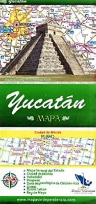 Bilingual folded color map of Yucatan Mexico showing Merida city grid, Valladolid, and archaeological insets of Chichen Itza and Uxmal.