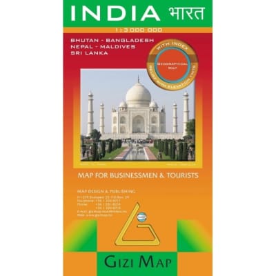 India map including Bhutan, Bangladesh, Nepal, Maldives, Sri Lanka. This map for businessmen and tourists is in full color and shows the elevation relief. Features included are roads, political boundaries, ceasefire boundary line, national parks, glacier,