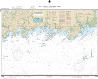 NOAA Chart 12373. Nautical Chart of North Shore of Long Island Sound Guilford Harbor to Farm River. NOAA charts portray water depths, coastlines, dangers, aids to navigation, landmarks, bottom characteristics and other features, as well as regulatory, tid