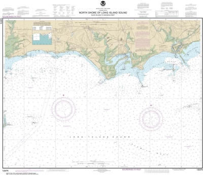 NOAA Chart 12374. Nautical Chart of North Shore of Long Island Sound Duck Island to Madison Reef. NOAA charts portray water depths, coastlines, dangers, aids to navigation, landmarks, bottom characteristics and other features, as well as regulatory, tide,