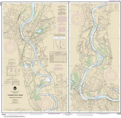 NOAA Chart 12378. Nautical Chart of Connecticut River Bodkin Rock to Hartford. NOAA charts portray water depths, coastlines, dangers, aids to navigation, landmarks, bottom characteristics and other features, as well as regulatory, tide, and other informat