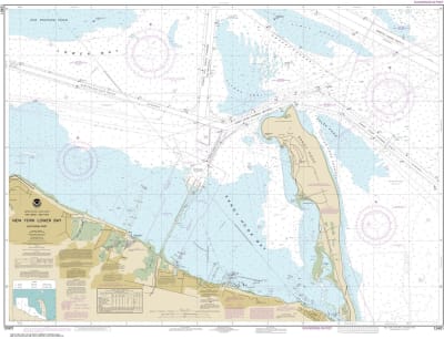 NOAA Chart 12401. Nautical Chart of New York Lower Bay Southern part. NOAA charts portray water depths, coastlines, dangers, aids to navigation, landmarks, bottom characteristics and other features, as well as regulatory, tide, and other information. They