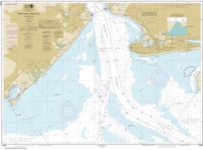 NOAA Chart 12402. Nautical Chart of New York Lower Bay Northern part. NOAA charts portray water depths, coastlines, dangers, aids to navigation, landmarks, bottom characteristics and other features, as well as regulatory, tide, and other information. They