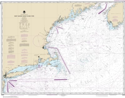 NOAA Chart 13006. Nautical Chart of West Quoddy Head to New York. NOAA charts portray water depths, coastlines, dangers, aids to navigation, landmarks, bottom characteristics and other features, as well as regulatory, tide, and other information. They con