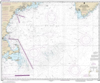 NOAA Chart 13009. Nautical Chart of Gulf of Maine and Georges Bank. NOAA charts portray water depths, coastlines, dangers, aids to navigation, landmarks, bottom characteristics and other features, as well as regulatory, tide, and other information. They c
