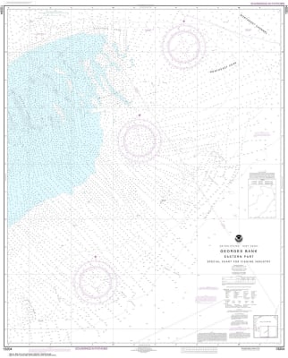 NOAA Chart 13204. Nautical Chart of Georges Bank Eastern part. NOAA charts portray water depths, coastlines, dangers, aids to navigation, landmarks, bottom characteristics and other features, as well as regulatory, tide, and other information. They contai
