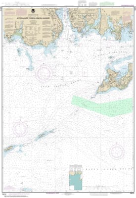 NOAA Chart 13212. Nautical Chart of Approaches to New London Harbor. NOAA charts portray water depths, coastlines, dangers, aids to navigation, landmarks, bottom characteristics and other features, as well as regulatory, tide, and other information. They