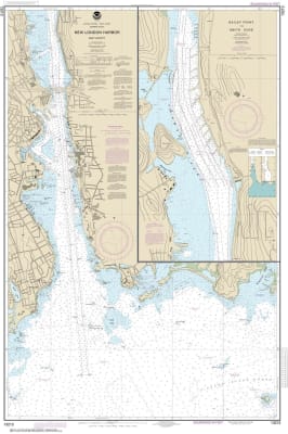 NOAA Chart 13213. Nautical Chart of New London Harbor and vicinity - Bailey Point to Smith Cove. NOAA charts portray water depths, coastlines, dangers, aids to navigation, landmarks, bottom characteristics and other features, as well as regulatory, tide,