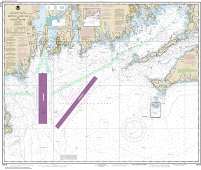 NOAA Chart 13218. Nautical Chart of Marthas Vineyard to Block Island. NOAA charts portray water depths, coastlines, dangers, aids to navigation, landmarks, bottom characteristics and other features, as well as regulatory, tide, and other information. They