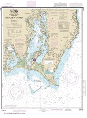 NOAA Chart 13219. Nautical Chart of Point Judith Harbor. NOAA charts portray water depths, coastlines, dangers, aids to navigation, landmarks, bottom characteristics and other features, as well as regulatory, tide, and other information. They contain all
