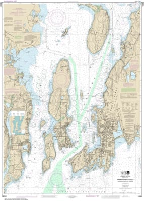 NOAA Chart 13223. Nautical Chart of Narragansett Bay, Including Newport Harbor. NOAA charts portray water depths, coastlines, dangers, aids to navigation, landmarks, bottom characteristics and other features, as well as regulatory, tide, and other informa