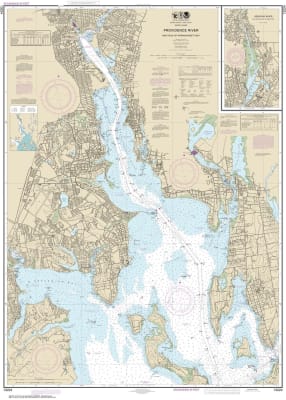 NOAA Chart 13224. Nautical Chart of Providence River and Head of Narragansett Bay. NOAA charts portray water depths, coastlines, dangers, aids to navigation, landmarks, bottom characteristics and other features, as well as regulatory, tide, and other info