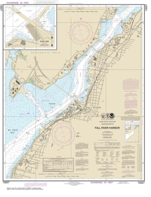 NOAA Chart 13227. Nautical Chart of Fall River Harbor - State Pier. NOAA charts portray water depths, coastlines, dangers, aids to navigation, landmarks, bottom characteristics and other features, as well as regulatory, tide, and other information. They c
