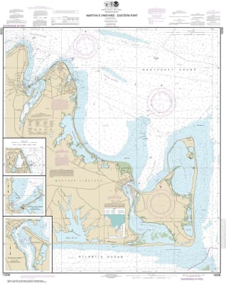 NOAA Chart 13238. Nautical Chart of Martha's Vineyard Eastern Part - Oak Bluffs Harbor - Vineyard Haven Harbor - Edgartown Harbor. NOAA charts portray water depths, coastlines, dangers, aids to navigation, landmarks, bottom characteristics and other featu