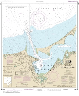 NOAA Chart 13242. Nautical Chart of Nantucket Harbor. NOAA charts portray water depths, coastlines, dangers, aids to navigation, landmarks, bottom characteristics and other features, as well as regulatory, tide, and other information. They contain all cri