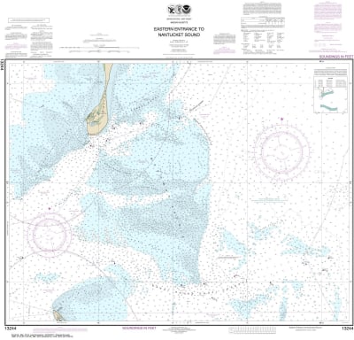 NOAA Chart 13244. Nautical Chart of Eastern Entrance to Nantucket Sound. NOAA charts portray water depths, coastlines, dangers, aids to navigation, landmarks, bottom characteristics and other features, as well as regulatory, tide, and other information. T