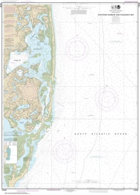 NOAA Chart 13248. Nautical Chart of Chatham Harbor and Pleasant Bay. NOAA charts portray water depths, coastlines, dangers, aids to navigation, landmarks, bottom characteristics and other features, as well as regulatory, tide, and other information. They