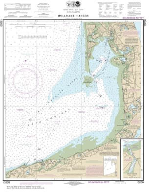 NOAA Chart 13250. Nautical Chart of Wellfleet Harbor - Sesuit Harbor. NOAA charts portray water depths, coastlines, dangers, aids to navigation, landmarks, bottom characteristics and other features, as well as regulatory, tide, and other information. They