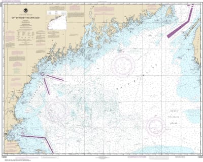 NOAA Chart 13260. Nautical Chart of Bay of Fundy to Cape Cod. NOAA charts portray water depths, coastlines, dangers, aids to navigation, landmarks, bottom characteristics and other features, as well as regulatory, tide, and other information. They contain
