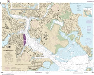 NOAA Chart 13272. Nautical Chart of Boston Inner Harbor. NOAA charts portray water depths, coastlines, dangers, aids to navigation, landmarks, bottom characteristics and other features, as well as regulatory, tide, and other information. They contain all