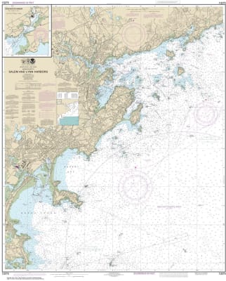 NOAA Chart 13275. Nautical Chart of Salem and Lynn Harbors - Manchester Harbor. NOAA charts portray water depths, coastlines, dangers, aids to navigation, landmarks, bottom characteristics and other features, as well as regulatory, tide, and other informa