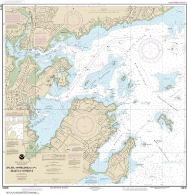 NOAA Chart 13276. Nautical Chart of Salem, Marblehead and Beverly Harbors. NOAA charts portray water depths, coastlines, dangers, aids to navigation, landmarks, bottom characteristics and other features, as well as regulatory, tide, and other information.