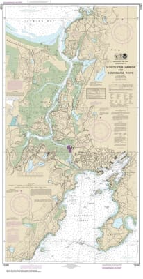 NOAA Chart 13281. Nautical Chart of Gloucester Harbor and Annisquam River. NOAA charts portray water depths, coastlines, dangers, aids to navigation, landmarks, bottom characteristics and other features, as well as regulatory, tide, and other information.