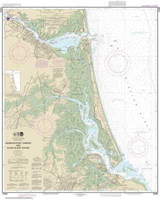 NOAA Chart 13282. Nautical Chart of Newburyport Harbor and Plum Island Sound. NOAA charts portray water depths, coastlines, dangers, aids to navigation, landmarks, bottom characteristics and other features, as well as regulatory, tide, and other informati