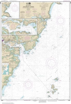 NOAA Chart 13283. Nautical Chart of Portsmouth Harbor Cape Neddick Harbor to Isles of Shoals - Portsmouth Harbor. NOAA charts portray water depths, coastlines, dangers, aids to navigation, landmarks, bottom characteristics and other features, as well as r