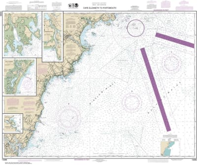 NOAA Chart 13286. Nautical Chart of Cape Elizabeth to Portsmouth - Cape Porpoise Harbor - Wells Harbor - Kennebunk River - Perkins Cove. NOAA charts portray water depths, coastlines, dangers, aids to navigation, landmarks, bottom characteristics and other