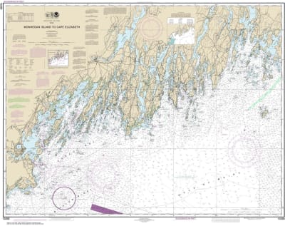 NOAA Chart 13288. Nautical Chart of Monhegan Island to Cape Elizabeth. NOAA charts portray water depths, coastlines, dangers, aids to navigation, landmarks, bottom characteristics and other features, as well as regulatory, tide, and other information. The