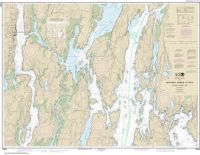 NOAA Chart 13296. Nautical Chart of Boothbay Harbor to Bath, Including Kennebec River. NOAA charts portray water depths, coastlines, dangers, aids to navigation, landmarks, bottom characteristics and other features, as well as regulatory, tide, and other