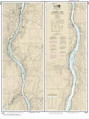 NOAA Chart 13297. Nautical Chart of Kennebec River Courthouse Point to Augusta. NOAA charts portray water depths, coastlines, dangers, aids to navigation, landmarks, bottom characteristics and other features, as well as regulatory, tide, and other informa