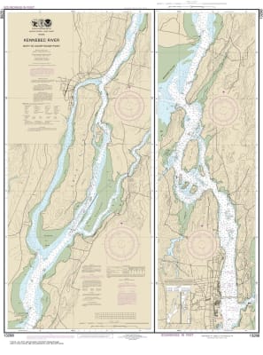 NOAA Chart 13298. Nautical Chart of Kennebec River Bath to Courthouse Point. NOAA charts portray water depths, coastlines, dangers, aids to navigation, landmarks, bottom characteristics and other features, as well as regulatory, tide, and other informatio