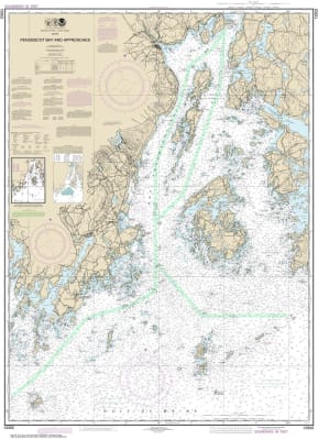 NOAA Chart 13302. Nautical Chart of Penobscot Bay and Approaches. NOAA charts portray water depths, coastlines, dangers, aids to navigation, landmarks, bottom characteristics and other features, as well as regulatory, tide, and other information. They con