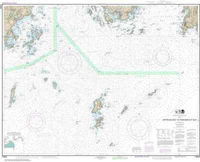 NOAA Chart 13303. Nautical Chart of Approaches to Penobscot Bay. NOAA charts portray water depths, coastlines, dangers, aids to navigation, landmarks, bottom characteristics and other features, as well as regulatory, tide, and other information. They cont