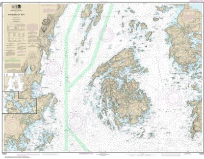 NOAA Chart 13305. Nautical Chart of Penobscot Bay - Carvers Harbor and Approaches NOAA charts portray water depths, coastlines, dangers, aids to navigation, landmarks, bottom characteristics and other features, as well as regulatory, tide, and other infor