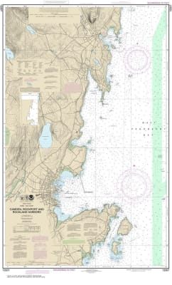 NOAA Chart 13307. Nautical Chart of Camden, Rockport and Rockland Harbors. NOAA charts portray water depths, coastlines, dangers, aids to navigation, landmarks, bottom characteristics and other features, as well as regulatory, tide, and other information.