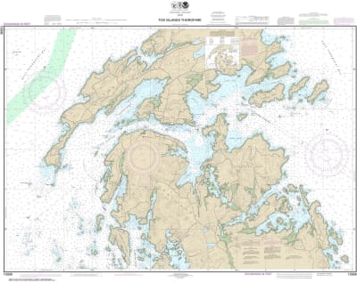 NOAA Chart 13308. Nautical Chart of Fox Islands Thorofare. NOAA charts portray water depths, coastlines, dangers, aids to navigation, landmarks, bottom characteristics and other features, as well as regulatory, tide, and other information. They contain al