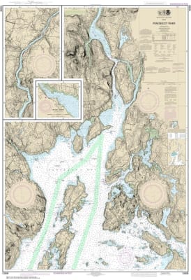 NOAA Chart 13309. Nautical Chart of Penobscot River - Belfast Harbor. NOAA charts portray water depths, coastlines, dangers, aids to navigation, landmarks, bottom characteristics and other features, as well as regulatory, tide, and other information. They