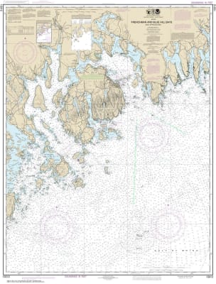 NOAA Chart 13312. Nautical Chart of Frenchman and Blue Hill Bays and Approaches. NOAA charts portray water depths, coastlines, dangers, aids to navigation, landmarks, bottom characteristics and other features, as well as regulatory, tide, and other inform